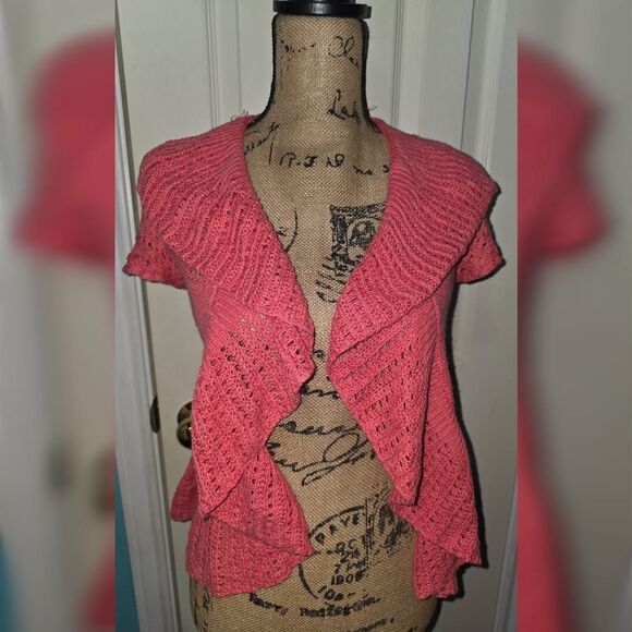 ​Y2K Rue 21 Coral Knit Cardigan Sweater Ruffle Hem Open Front M - Picture 1 of 3